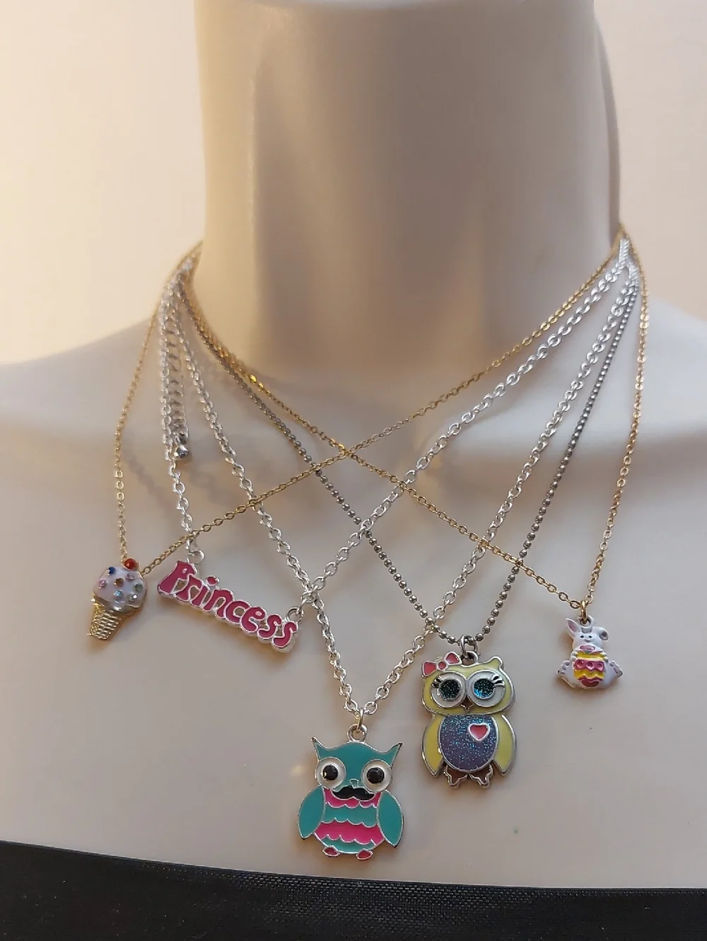 Bundle Lot Of 5 Kids Themed Necklaces Owl Princess Ice Cream Easter Bunny